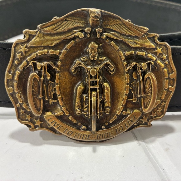 LIVE TO RIDE Biker Buckle Black Leather Belt Brass Made In Holland Motorcycle - Picture 1 of 6